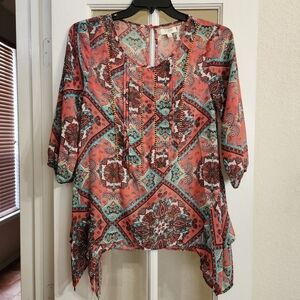 Umgee Boho Paisley Sheer Handkerchief Hem Tunic Top Size Small